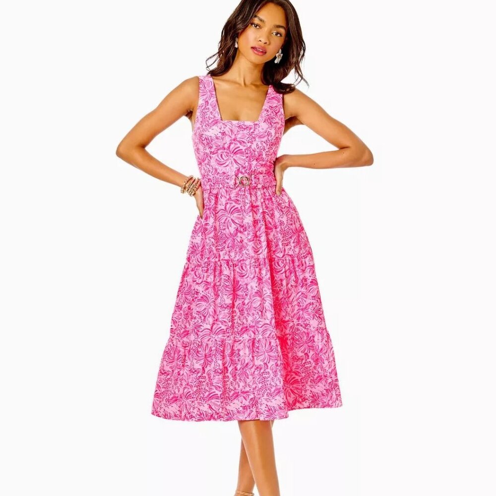 NEW NWT Lilly Pulitzer McKinnon Midi Dress 12 Pink Blossom Foxy Llama Fit Flare